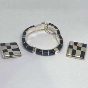 Lovely Black Onyx and Sterling Silver Bracelet and 2 Brooches.